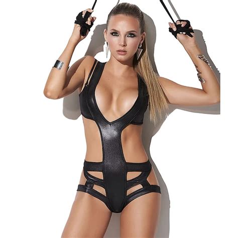 Black Leather Vinyl Bodysuit Lingerie For Women Sexy Deep V Cut Out