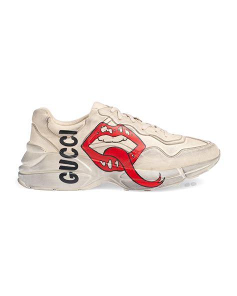 Gucci Rhyton Leather Sneakers With Maxi Mouth In White For Men Lyst UK