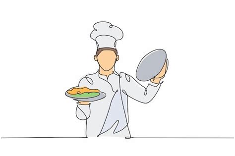 Premium Vector One Continuous Line Drawing Young Handsome Male Chef Opening Cloche Tray To