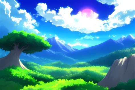 Premium Photo | Anime landscape with a tree and mountains in the background