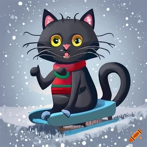 Cartoon Art Of A Black Cat Riding A Sled In The Snow