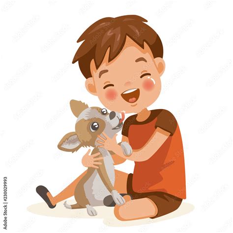 Boy and dog lovely cartoon character. Child lovingly embraces his pet ...