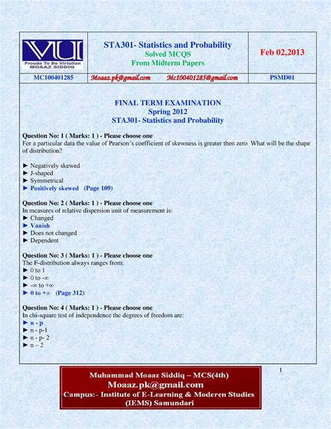 STA630 Finalterm Paper 11feb2011 1 STA301 Statistics And Probability