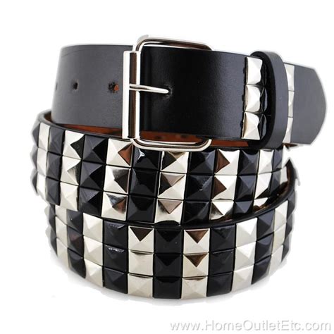 3 Row Metal Pyramid Studded Leather Belt 2 Tone Striped Punk Rock Goth