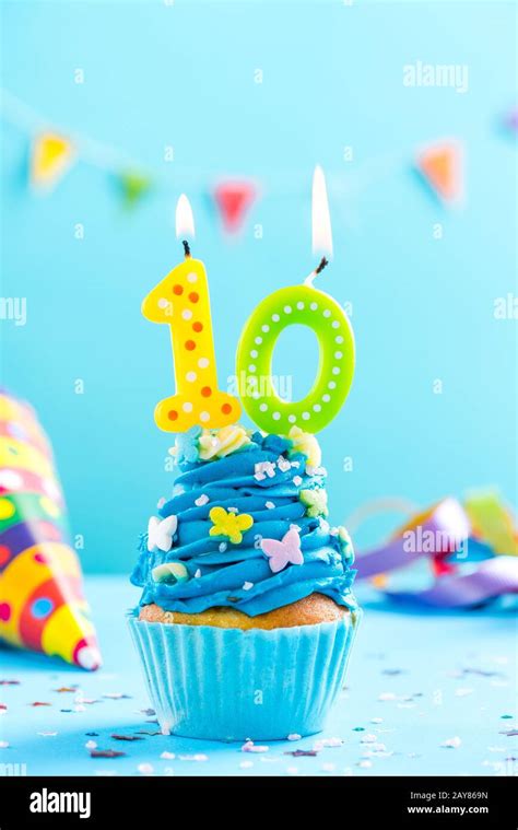 Tenth 10th Birthday Cupcake With Candle Card Mockup Stock Photo Alamy