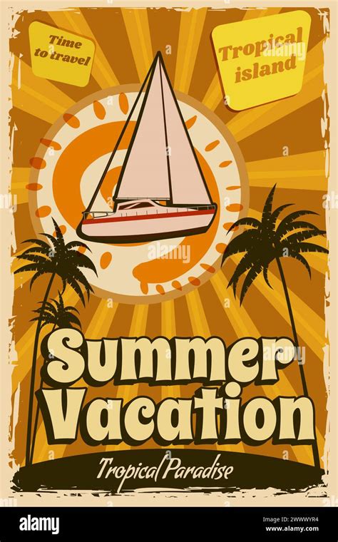 Summer Vacation Poster Retro Sailing Ship On The Ocean Island Coast