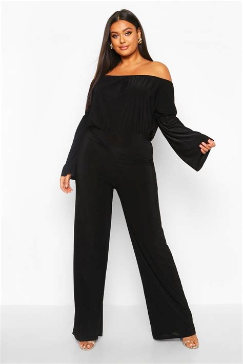 Plus Bardot Flare Sleeve Wide Leg Jumpsuit Boohoo Jumpsuit Fashion Plus Size Jumpsuit