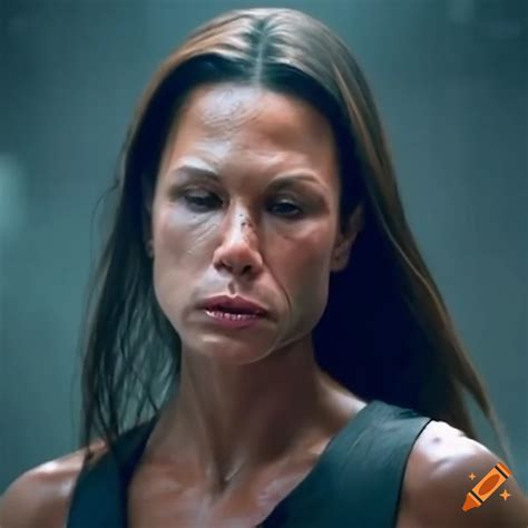 Bruised Rhona Mitra Martial Fighter With Closed Eyes And Raised