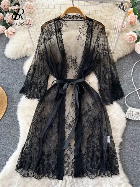 SINGREINY Vestido Feminino Estampa Em V Pijama De Malha Sensual Pura Lingerie Manga Comprida
