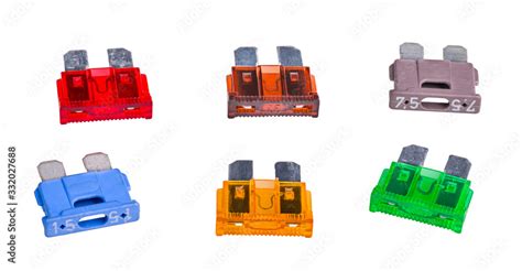 Set Of Automotive Blade Type Fuses With Two Metal Prongs Isolated On White Group Of Colored