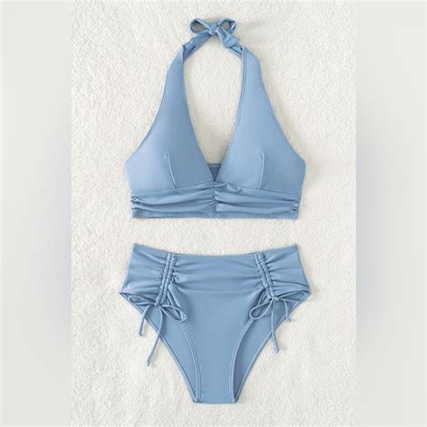 Cupshe Swim Powder Blue Haltertop Bikini With Highwaste Hipster