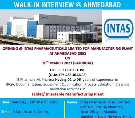 INTAS PHARMACEUTICALS LTD WALK IN INTERVIEWS FOR OFFICER EXECUTIVE