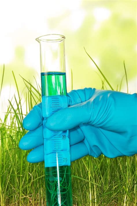 Hand Holding Test Tube With Fertilizers On Abstract Green Stock Photo