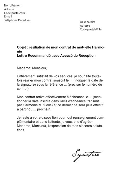 Lettre de résiliation Harmonie Mutuelle Modèle de Lettre