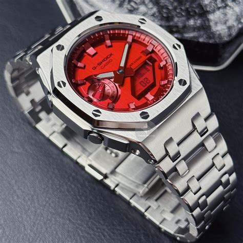 G Shock Mod With Silver Stainless Steel Bracelet Metallic Red Face