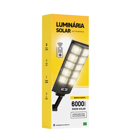 Holofote Solar Luminaria 500w Branco Quente 3000k Poste Potente