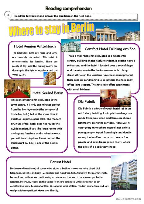 Berlin S Hotels Reading For Detail English ESL Worksheets Pdf Doc