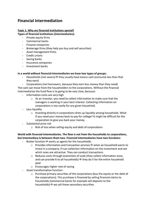 Financial Intermediation Lecture Notes Financial Intermediation Topic