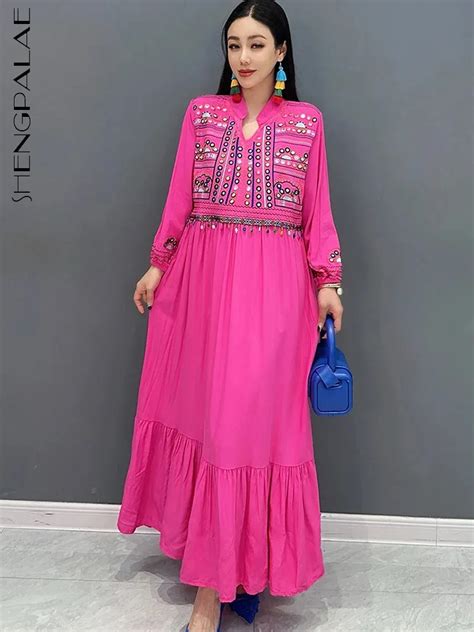 SHENGPALAE Women S Long Dress Ethnic Style Embroidered Big Swing Robe