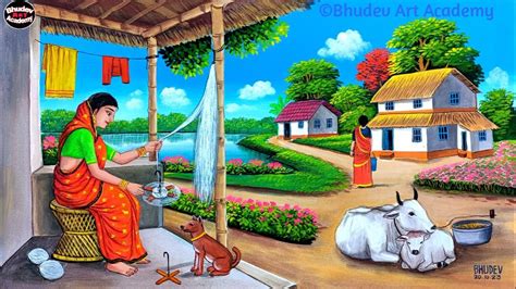 Indian Village Women Paintingbeautiful Indian Village Scenery Painting