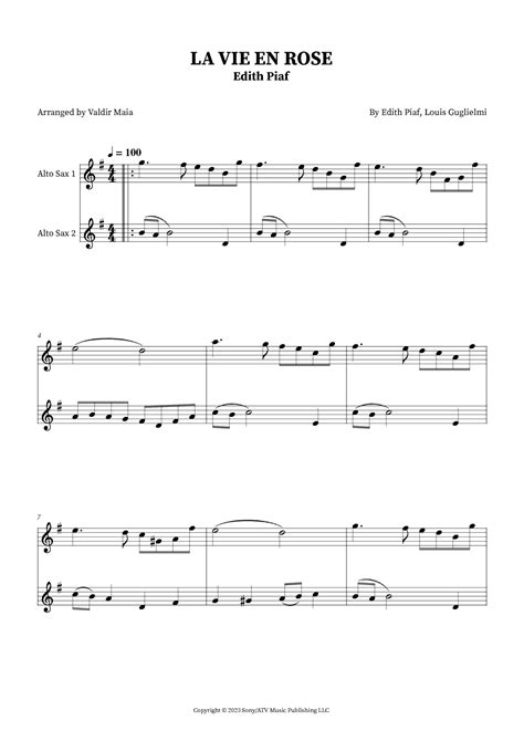 La Vie En Rose Arr Valdir Maia By Edith Piaf Sheet Music For Alto Sax Duet At Sheet Music Direct