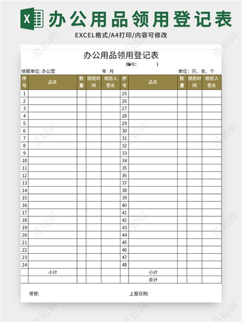 单位办公用品领用登记表excel模板下载 觅知网