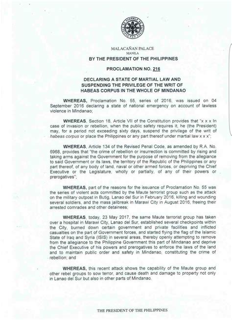 Look Proclamation No 216 Declaring Martial Law In Mindanao Inquirer