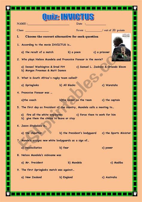 Invictus Quiz Trivia With Answers Esl Worksheet By Vivinieto