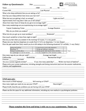 Fillable Online Follow Up Questionnaire The Center For Sleep Wake Fax