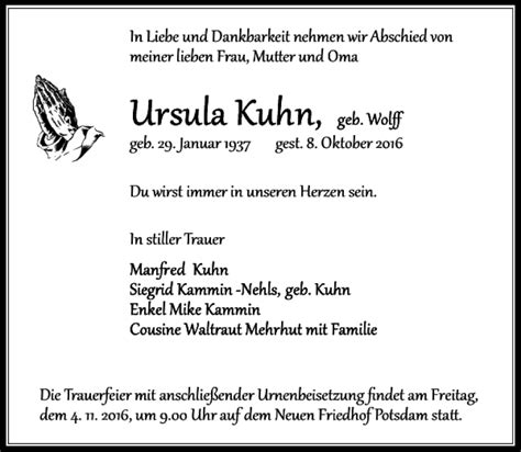 Traueranzeigen Von Ursula Kuhn Trauer Anzeigen De