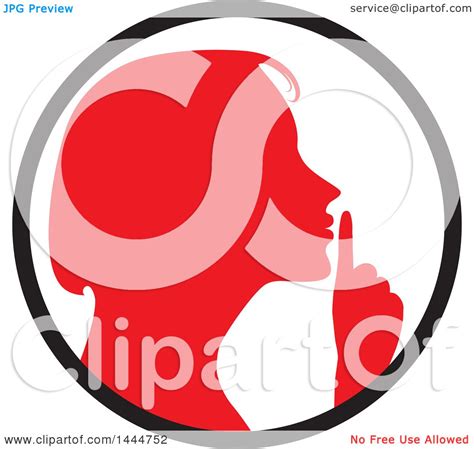 Clipart Of A Red Silhouetted Woman Shushing Inside A Circle Royalty