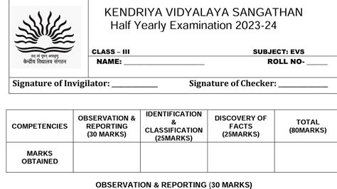 Half Yearly Exam Question Paper Class 3 EVS CBSE Exam Paper For