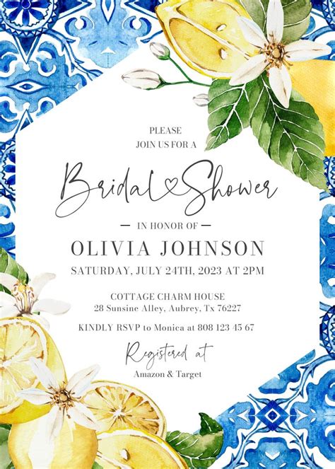 Italian Blue Tile Lemon Bridal Shower Invitation Template Mediterranean