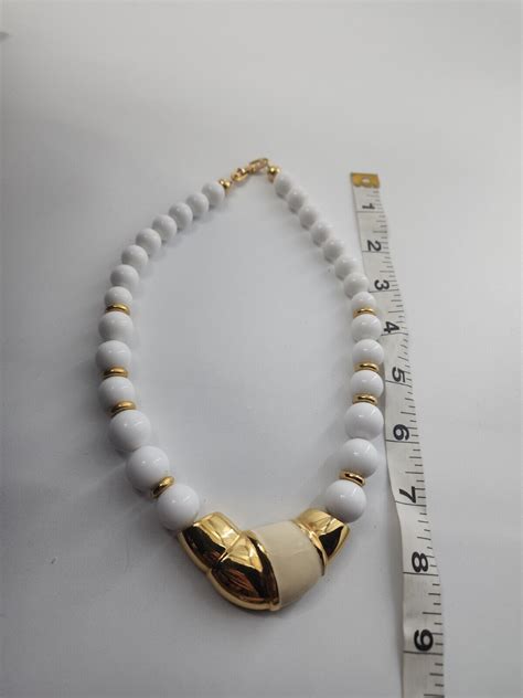 Vintage Signed Napier White Beaded Gold Tone Enamel N Gem