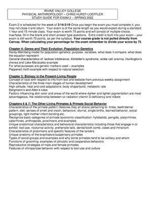 ANTH 1 Study Guide For Final Exam Spring 2022 IRVINE VALLEY COLLEGE