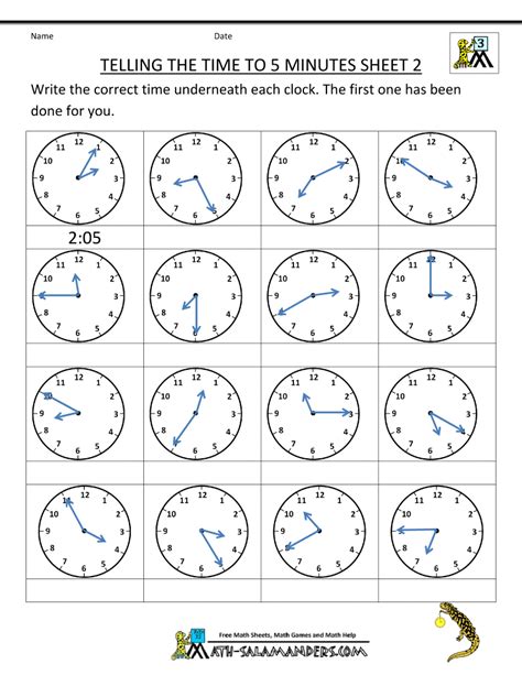 Telling Time In 5 Minute Intervals Worksheets