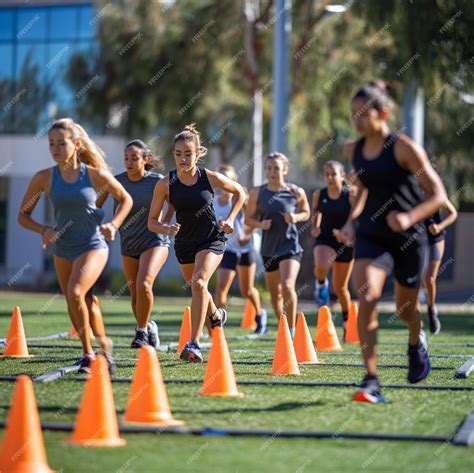 Team running a fitness circuit with cones and ladders | Premium AI