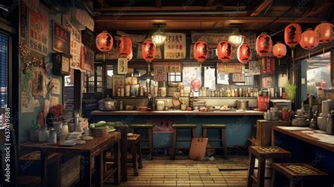 A Beautiful Japanese Tokyo City Ramen Shop Restaurant Bar In The Dark