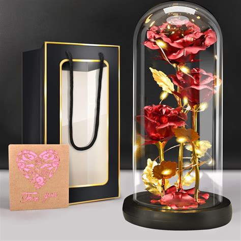 Boriya Rose Eternelle Sous Cloche Avec Led Idee Cadeau Femme Rouge