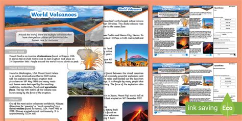 Volcano Information Text KS2 Comprehension Activity Worksheets Library