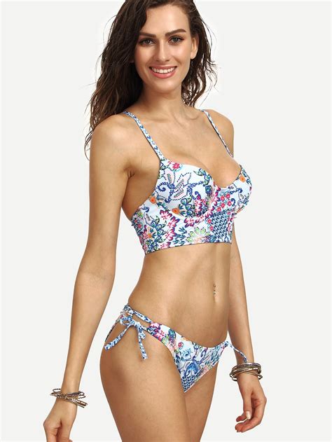 Multicolor Floral Print Lace Up Bustier Bikini Set Shein Sheinside