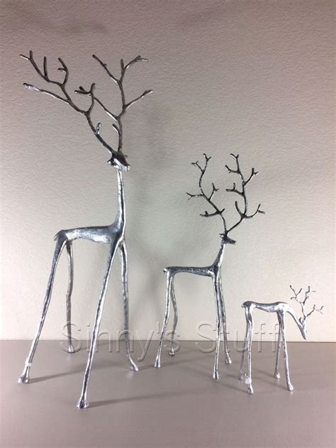 Set Of 3 New Pottery Barn Sculpted Silver Reindeer Antique Aluminum Figures Potterybarn