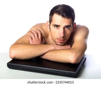 Naked Man Laptop Isolated Over White Stock Photo Shutterstock