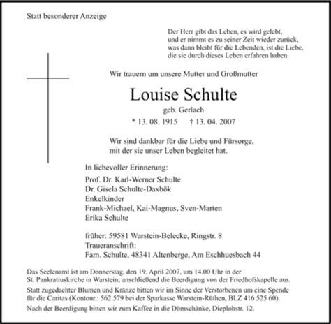 Traueranzeigen Von Louise Schulte Trauer In Nrw De