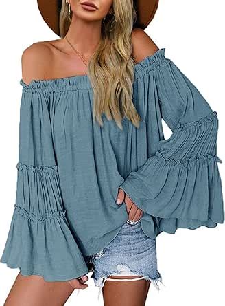 Womens Off The Shoulder Long Bell Sleeve Tops Flared Casual Loose