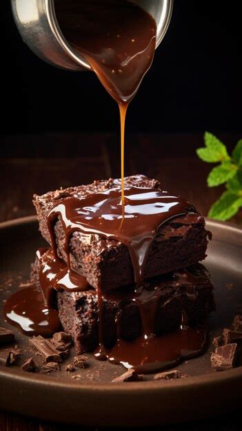 Premium AI Image Pouring Chocolate Sauce C Brownies