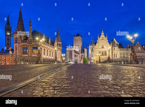 Ghent Belgium Night City Skyline At St Michael S Bridge Sint