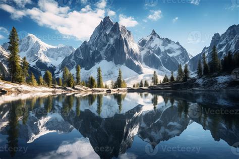 AI Generated Towering Peaks Reflected In A Glassy Alpine Lake A