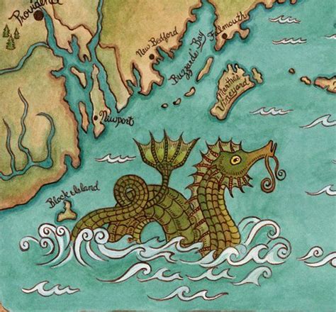 New England Coastal Map Cape Cod Sea Monster Art Print Etsy Monster