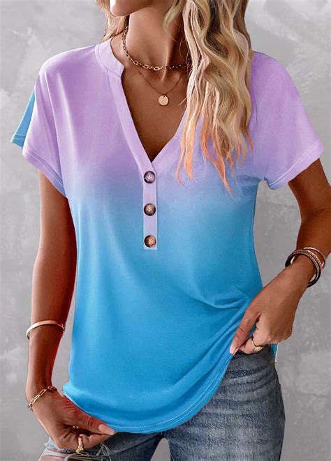 ROTITA Button Ombre Sky Blue Split Neck T Shirt Rotita USD 29 98